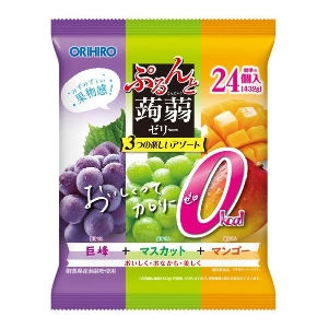 ORIHIRO歐力喜樂蒟蒻果凍0卡果味果汁果凍大袋巨峰葡萄+水晶葡萄+芒果24個裝