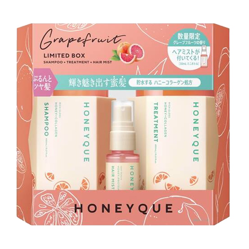 Honeyce HONEYQUE 光澤閃耀限定洗護套裝 葡萄柚香 1套（洗髮水450ml+護髮素450ml+護髮噴霧30ml）