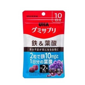 UHA味覺糖 日本直郵進口鐵質不足女性紅血球營養素  鐵＆葉酸營養軟糖【巴西莓味】 10日份(20粒)