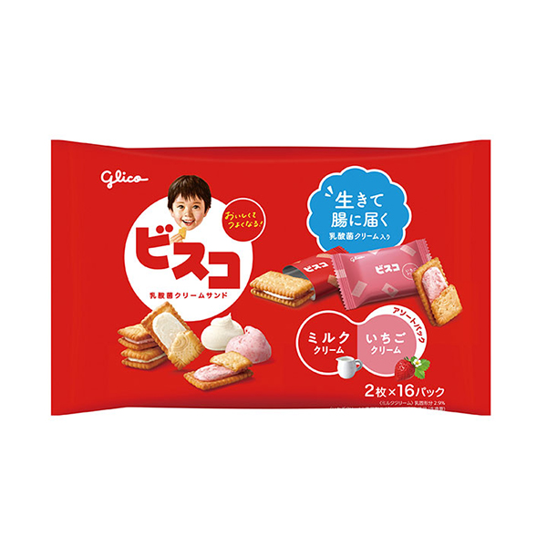 2号仓-Glico固力果 BISCO 日本进口格力高夹心饼干上班休闲零食 儿童乳酸菌夹心饼干大袋【牛奶味&草莓味】 32枚装(2枚×19包)